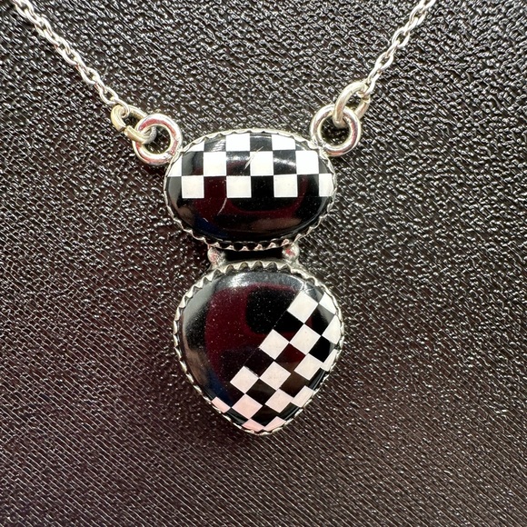 Cute Black & White Checkered 🏁 Pendant Necklace Sterling Silver 925 Handmade - Picture 3 of 7